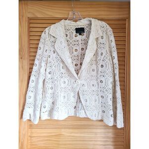 Cynthia Rowley Ivory Lace Tablecloth Blazer LARGE‎ Coquette 3/4 Sleeve Jacket
